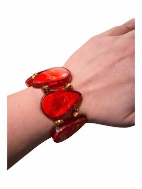 Red Teardrop Stretch Bracelet with Gold Accents - Women Jewelry